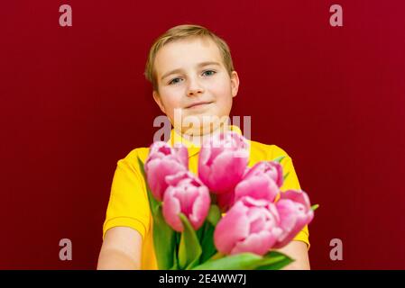 Junge geben Blumen Bouquet, Kind hält lila Tulpen Bündel, Blick auf Camera.Studio rot oder burgunderrot Hintergrund. Stockfoto