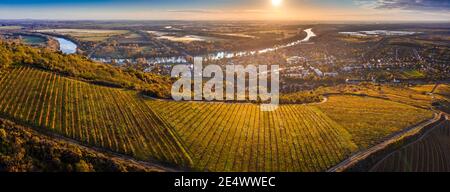 Tokaj, Ungarn - Luftpanorama der weltberühmten ungarischen Weinberge von Tokaj Weinregion mit Stadt Tokaj, Fluss Theiß und goldenen Sonnenaufgang Stockfoto