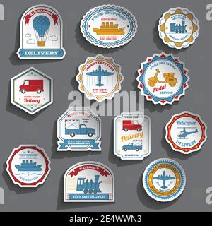 Lieferung kommerzielle Versand und Transport Papier Aufkleber Set isoliert Vektor Abbildung Stock Vektor