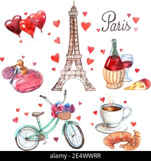 Paris Liebe Romantik Herz Symbole Ikonen Komposition mit eiffelturm Und Rotwein Aquarell abstrakte Vektor-Illustration Stock Vektor