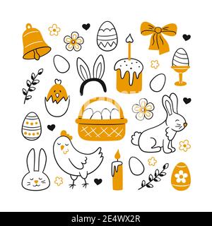 Süße Ostern Doodle Set - Hase, Korb, ostereier, Kuchen, Huhn, Weidenzweige und Kerzen Stock Vektor