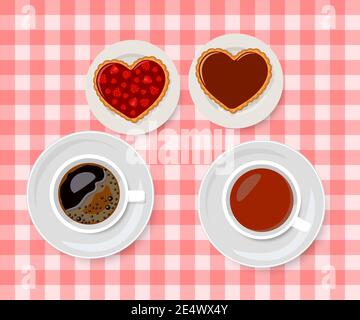 Valentinstag. Schokolade und Erdbeermarmelade Kekse mit Tassen Tee und Kaffee. Flacher Cartoon-Stil. Vektorgrafik Stock Vektor