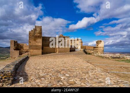 Alcazaba de Reina, maurische Festung über Dorf Reina, Provinz Badajoz, Extremadura, Spanien Stockfoto