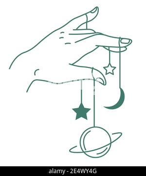 Hand hält Planeten und Sterne auf Fäden, Magie Stock Vektor