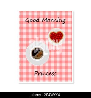 Grußkarte mit Tasse Kaffee und herzförmigen Keksen. Valentinstag. Flacher Cartoon-Stil. Vektorgrafik Stock Vektor