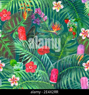 Aquarell abstrakt Sommer nahtlose Muster mit leuchtend grünen tropischen Pflanzen, Getränke, Eis auf blaugrün Hintergrund. Exotische Blätter Palmen, Monste Stockfoto