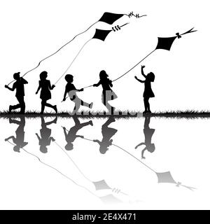 Kinder Silhouetten spielen mit Drachen fliegen im Freien Stock Vektor
