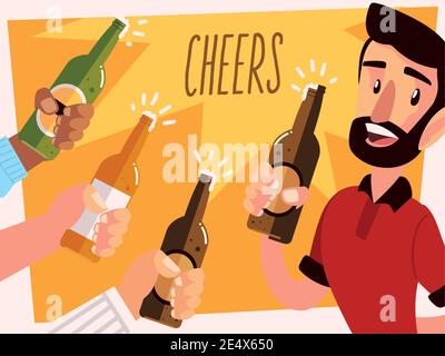 Mann mit einem Bierglas und jubelnden Händen mit Flaschen vektorgrafik Stock Vektor