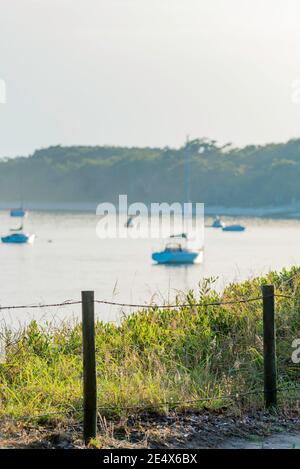 Blick nach Osten in Richtung Sonnenaufgang und der Stadt Shoal Bay und Tomaree Head am Eingang zu Port Stephens, New South Wales, Australien Stockfoto