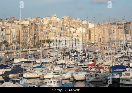 Sails Marina in Vittoriosa, auf der Skyline von Senglea, Malta Stockfoto