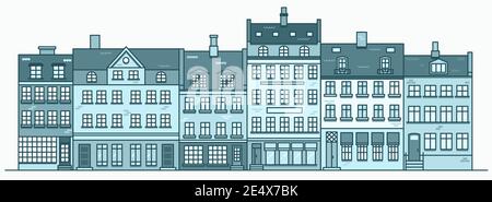 Skyline der Amsterdamer Gebäude. Lineares Stadtbild mit verschiedenen Reihenhäusern. Umriss Illustration mit alten holländischen Gebäuden. Stock Vektor