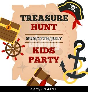 Piraten jagen Schatzabenteuer Kinder Party Ankündigungsplakat mit Zeit und Spiel Zubehör abstrakte Vektor Illustration Stock Vektor