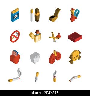 Rauchen 3d isometrische Icon-Set mit Streichhölzern Zigarren Rohr isoliert vektorgrafik Stock Vektor