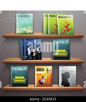 Zeitschriften und Lehrbücher auf 3d Buchhandlung Regale realistische Vektor-Illustration Stock Vektor