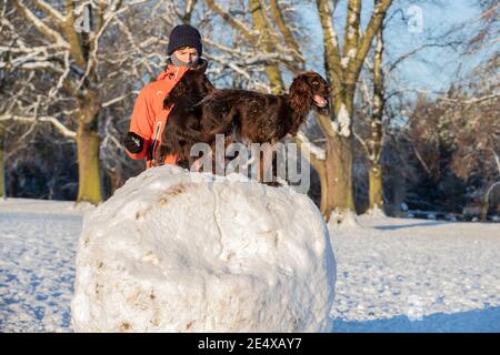 Northampton, Großbritannien, Wetter, 25. Januar 2021. Hunde genießen den morgendlichen Spaziergang in der Sonne und Schnee liegen in Abington Park. Kredit: Keith J Smith./Alamy Live Nachrichten Stockfoto
