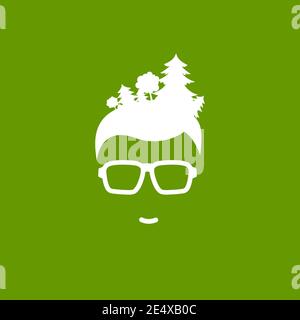Silhouette des Menschen Kopf in Hipster Brille mit Wald in Haar isoliert auf grün. avatar mit Bäumen. Logo „Ökologie“. Umweltfreundlich. Go Green Konzept. Ve Stock Vektor