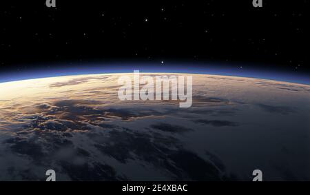 Erde aus dem All, Sonnenuntergang oder Sonnenaufgang. 3d-Rendering Stockfoto