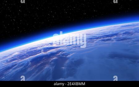 Erde aus dem All, Sonnenuntergang oder Sonnenaufgang. Hintergrund Astronomie. 3d-Rendering Stockfoto