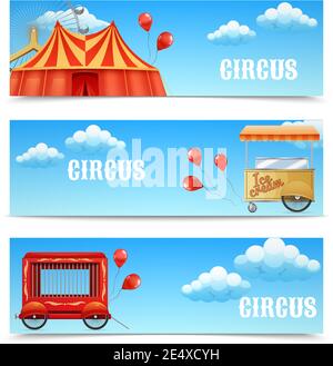 Drei horizontale Zirkus Banner mit Arena Riesenrad Ballons Cage Wagon Ice Cream Cart isolierte Vektorgrafik Stock Vektor