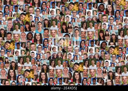 Hintergrund Porträt Sammlung Gruppe von jungen Menschen Porträts Gesichter multikulturell Social Media-Netzwerk Stockfoto