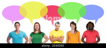Junge Leute sprechen sagen multikulturelle Sprechblase Blasen Copyspace Kopie Raumgruppe Stockfoto