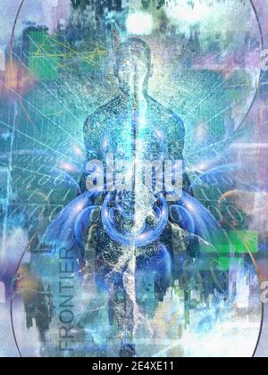 Future Man. Geist entsteht aus dem digitalen Raum. Seele oder Aura und Binärcode. 3D-Rendering Stockfoto
