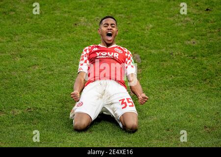 Leandro Barreiro MARTINS (MZ) feiert sein Ziel 3:2; Stair Gate, Siegtreffer; Goaljubel; Fußball 1. Bundesliga, 18. Spieltag, FSV FSV Mainz 05 (MZ) - RB Leipzig (L) 3:2, am 23. Januar 2021 in Mainz/Deutschland. Die DFL-Vorschriften verbieten die Verwendung von Fotos als Bildsequenzen und/oder quasi-Video weltweit Stockfoto