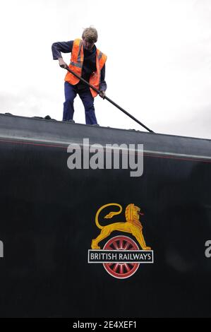 Ein Feuermann verteilt Kohle auf den Kohlewagen der British Railways Jacobite Dampflokomotive in Fort William, Schottland Stockfoto