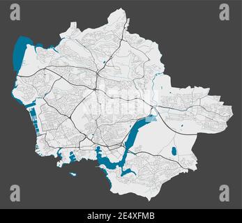 Plymouth-Karte. Detaillierte Karte des Verwaltungsgebiets der Stadt Plymouth. Stadtbild-Panorama. Lizenzfreie Vektorgrafik. Übersichtskarte mit Autobahnen, stre Stock Vektor