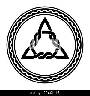Eingewebter Triquetra, ein keltischer Knoten, in einem Kreisrahmen mit weißer Wellenlinie. Dreieckige Figur, in alten christlichen Ornamentik verwendet. Stockfoto
