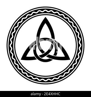 Triquetra mit extra Twist, ein keltischer Knoten, in einem Kreisrahmen mit gewellter Linie. Verflochtenen dreieckigen Figur in alten christlichen Ornamentik verwendet. Stockfoto