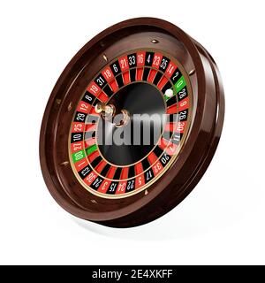 Gold Casino Roulette verstopft schließen Seitenansicht mit weißen Ball. 3D Rendering-Darstellung. Isoliert auf weißem Hintergrund Stockfoto