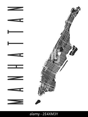 Manhattan Kartenposter. Stadtplan von New York City Bezirk. Stadtbild ARIA Panorama Silhouette Luftbild, Typografie Stil. Hudson, East, Harlem, Marble Stock Vektor