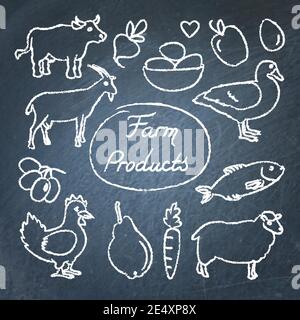 Set von Farmfood-Ikonen im Skizzenstil auf Kreidetafel. Handgezeichnete Tiere, Gemüse und Obst. Stock Vektor