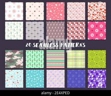 Ein großer Satz von nahtlosen Mustern mit Herzen, Blumen und anderen abstrakten Elementen Stock Vektor