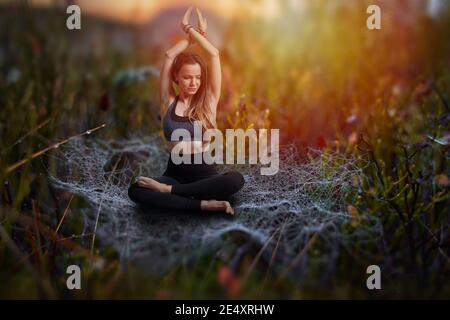 Junge Frau in Lotus Yoga Pose sitzt auf einem Spinnennetz mit Morgentau in einem Heidelbeeren Feld, Composite-Bild, Foto-Manipulation Stockfoto