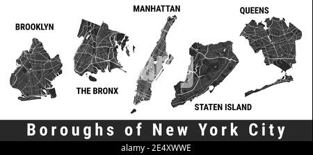 Kartenset der Stadtbezirke von New York. Manhattan, Brooklyn, Bronx, Staten Island, Queens. Detaillierte Straßenkarten. Silhouette Luftaufnahme. Stock Vektor