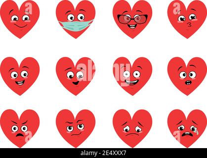 Set von Ikonen der Herzen mit verschiedenen Emotionen, Maske und Brille Stock Vektor