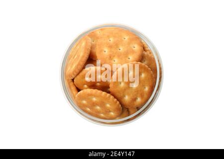 Glas mit Cracker Kekse isoliert auf weißem Hintergrund Stockfoto