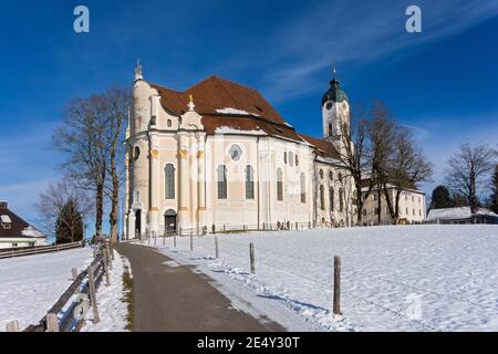 Wieskirche im Winter, Oberbayern, Stockfoto