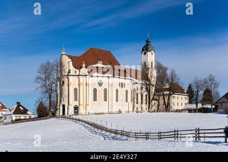 Wieskirche im Winter, Oberbayern, Stockfoto