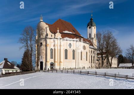 Wieskirche im Winter, Oberbayern, Stockfoto