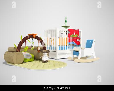 3d-Rendering von Bett für Kind mit Spielmatte mit Spielzeug und Holzstuhl auf grauem Hintergrund mit Schatten Stockfoto