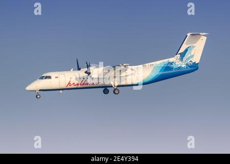 Männlich, Malediven - 18. Februar 2018: Maledivisches Bombardier DHC-8-300 Flugzeug auf dem Malediven Flughafen (MLE). Stockfoto