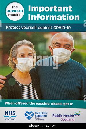 Edinburgh, Schottland, Großbritannien. Januar 2021. Ankunft von Covid-19 Impfungsschreiben und Flugblatt, ausgerollt in Schottland für über 70er Jahre, Großbritannien, nicht in einem blauen Umschlag, wie weithin beworben. Stockfoto