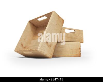 3D-Rendering von Holzkisten zum Transport von Waren über weite Strecken auf weißem Hintergrund mit Schatten Stockfoto