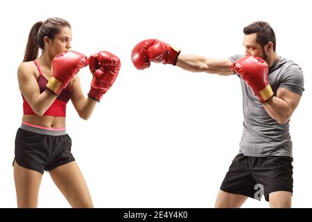 Junge Mann und Frau Trainingsbox isoliert auf weißem Hintergrund Stockfoto