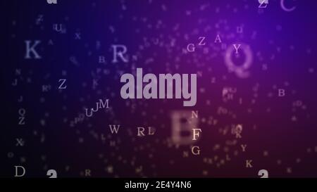 Abstraktes Alphabet Ornament auf dem Hintergrund. Bildung Schreiben Design-Konzept. Zufällige Buchstaben fliegen. 3d-Illustration Stockfoto