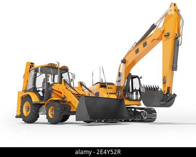 3d Rendering orange Baumaschinen Traktor und Bagger auf weiß Hintergrund mit Schatten Stockfoto