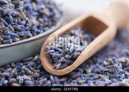 Holzlöffel von trockenen Lavendelblüten und blauen Teller von getrocknetem Lavendel. Nahaufnahme. Selektiver Fokus. Stockfoto